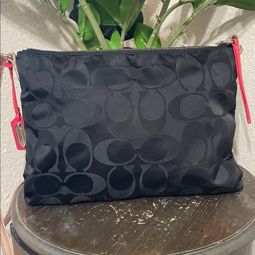 Coach Signiture Black and Tan Crossbody Bag with Red Accent - Picture 3 of 11